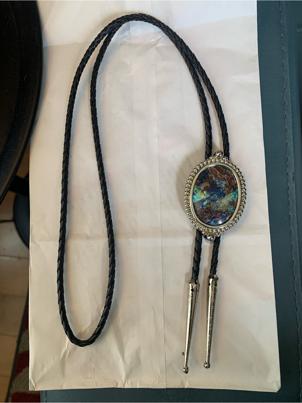 Black Braided Leather Bolo Tie with Multicolor Stone Accent; 18” length